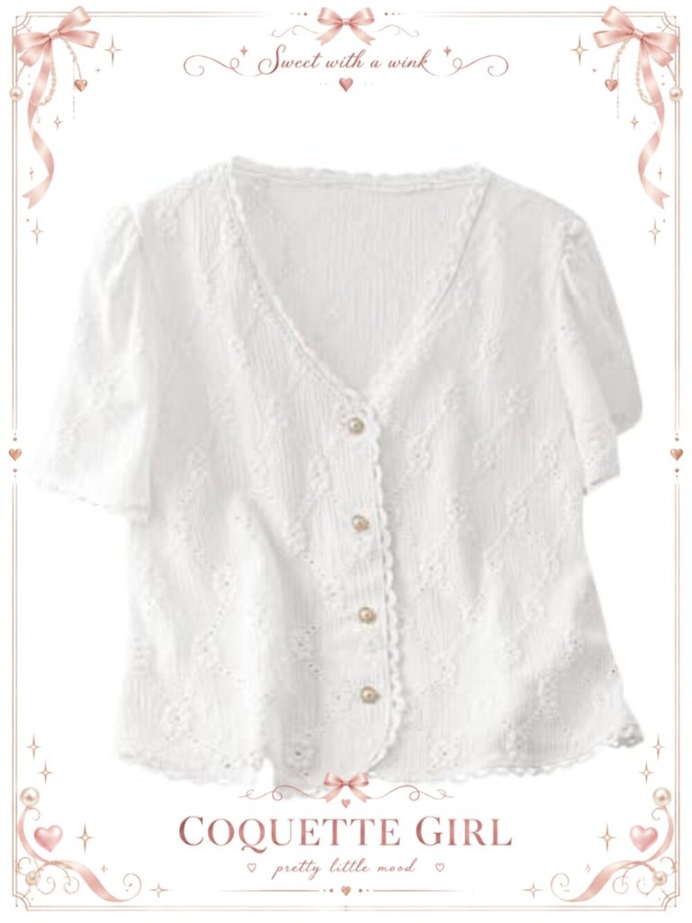 Floral Embroidered Button Down Blouse with Frill Trim and Puff Sleeves